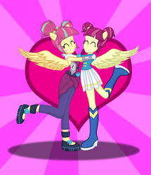 Size: 1024x1193 | Tagged: safe, artist:deannaphantom13, majorette, sour sweet, sweeten sour, equestria girls, g4, my little pony equestria girls: friendship games, background human, boots, headcanon, heart, long lost sisters, long lost twins, love, ponied up, reunited, shoes, similarities, sisters, sweetly and sourly, twin sisters, winged humanization