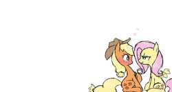 Size: 700x376 | Tagged: safe, artist:raridashdoodles, applejack, fluttershy, g4, bedroom eyes, blushing, female, heart, lesbian, ship:appleshy, shipping