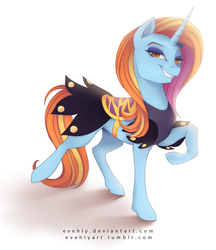 Size: 1573x1821 | Tagged: safe, artist:evehly, sassy saddles, g4, female, grin, raised hoof, solo