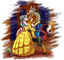 Size: 1024x958 | Tagged: safe, artist:stepandy, discord, princess celestia, alicorn, draconequus, pony, semi-anthro, g4, alternate hairstyle, beauty and the beast, belle, bipedal, clothes, crossover, curved horn, disney, disney princess, disney style, dress, female, gown, horn, male, princess belle, ship:dislestia, shipping, simple background, straight, style emulation, the beast, transparent background
