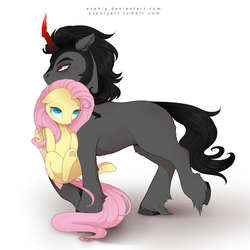 Size: 2000x2000 | Tagged: safe, artist:evehly, fluttershy, king sombra, g4, behaving like a cat, carrying, cute, female, high res, male, mouth hold, scruff, ship:sombrashy, shipping, straight