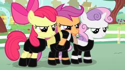 Size: 1280x720 | Tagged: safe, artist:edgeworth87, apple bloom, scootaloo, sweetie belle, g4, boots, clothes, crossover, cutie mark crusaders, dean ambrose, gloves, roman reigns, seth rollins, the shield (stable), wwe