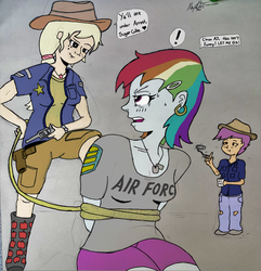 Size: 2988x3105 | Tagged: safe, artist:missmayaleanne, applejack, rainbow dash, scootaloo, human, g4, arrested, dialogue, female, gun, high res, humanized, lasso, police uniform, pony coloring, revolver, trio, trio female, weapon