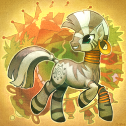 Size: 1000x1000 | Tagged: safe, artist:funuu, zecora, zebra, g4, abstract background, cute, female, jewelry, pixiv, smiling, solo, zecorable