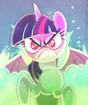 Size: 551x655 | Tagged: safe, artist:discord, edit, twilight sparkle, alicorn, pony, g4, what about discord?, angry, art, bat wings, discord's painting, female, frown, glare, gritted teeth, looking at you, mare, rearing, solo, spread wings, twilight sparkle (alicorn)