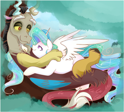 Size: 1005x905 | Tagged: safe, artist:chocolateponi, discord, princess celestia, g4, cuddling, cute, female, male, ship:dislestia, shipping, snuggling, straight