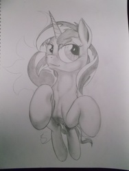 Size: 3216x4288 | Tagged: safe, artist:scribblepwn3, sunset shimmer, pony, unicorn, g4, female, monochrome, pencil drawing, running, solo, traditional art