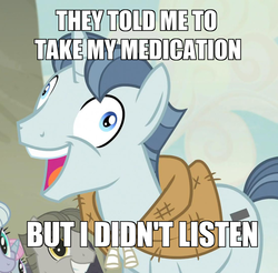 Size: 1098x1080 | Tagged: safe, screencap, party favor, pony, unicorn, g4, my little pony: friendship is magic, the cutie map, caption, exploitable meme, i didn't listen, image macro, male, medicine, meme, stallion