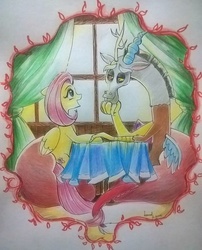 Size: 777x960 | Tagged: safe, artist:kitsumiro, discord, fluttershy, g4, date, female, male, ship:discoshy, shipping, straight, traditional art