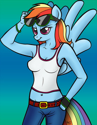 Size: 621x800 | Tagged: safe, artist:bleff172, rainbow dash, anthro, g4, armpits, belly button, belt, clothes, female, jeans, midriff, pants, simple background, solo, sunglasses, tank top