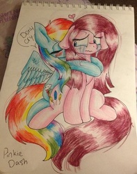 Size: 391x497 | Tagged: safe, artist:tehcherrydeviant6911, pinkie pie, rainbow dash, g4, crying, female, floppy ears, hug, hug from behind, lesbian, pinkadash, pinkamena diane pie, ship:pinkiedash, shipping, traditional art