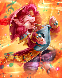 Size: 3600x4500 | Tagged: safe, artist:jadedjynx, part of a set, pinkie pie, earth pony, pony, g4, absurd resolution, bard, bard pie, clothes, dancing, fantasy class, female, lute, mare, music notes, musical instrument, one eye closed, open mouth, solo, wink
