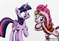 Size: 1000x703 | Tagged: safe, artist:rockingscorpion, pinkie pie, twilight sparkle, alicorn, pony, g4, what about discord?, back to the future, clothes, colored, female, mare, marty mcfly, pinkie mcpie, raised hoof, reference, scene interpretation, signature, sunglasses, twilight sparkle (alicorn), watch