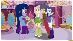 Size: 1920x1080 | Tagged: safe, artist:conikiblasu-fan, discord, fluttershy, rarity, twilight sparkle, equestria girls, g4, what about discord?, boots, carousel boutique, clothes, cute, equestria girls interpretation, equestria girls-ified, high heel boots, humanized, miniskirt, pants, pleated skirt, raribetes, scene interpretation, shoes, shyabetes, skirt, socks
