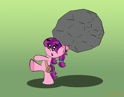 Size: 3260x2550 | Tagged: safe, artist:ojhat, lily longsocks, g4, boulder, earth pony magic, earth pony master race, female, filly, high res, lifting, magic, satchel, solo, strength, super strength, throwing