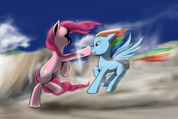 Size: 5248x3520 | Tagged: safe, artist:kwendynew, pinkie pie, rainbow dash, pony, g4, absurd resolution, action pose, bipedal, boop, crossover, duo, floppy ears, flying, nose wrinkle, one punch man, raised hoof, raised leg, spread wings, stop, windswept mane