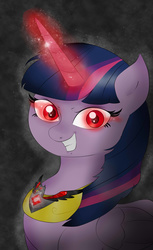Size: 3000x4915 | Tagged: safe, artist:mileenapl, twilight sparkle, alicorn, pony, g4, alicorn amulet, corrupted, corrupted twilight sparkle, dark magic, evil smile, female, glowing eyes, glowing horn, horn, magic, mare, red eyes, red eyes take warning, solo, sombra eyes, twilight sparkle (alicorn)