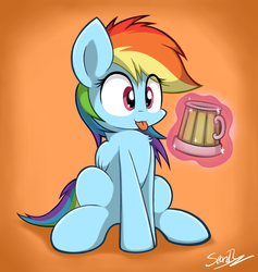 Size: 2700x2850 | Tagged: safe, artist:sheandog, rainbow dash, pegasus, pony, g4, chest fluff, cider, cute, dashabetes, female, high res, implied twilight sparkle, magic, mare, offscreen character, signature, sitting, solo, tankard, telekinesis, tongue out