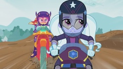 Size: 1680x943 | Tagged: safe, screencap, sugarcoat, sunset shimmer, equestria girls, g4, my little pony equestria girls: friendship games, motorcross, motorcycle