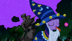 Size: 1920x1080 | Tagged: safe, screencap, nightmare moon, star swirl the bearded, twilight sparkle, g4, luna eclipsed, candy, candy corn, clothes, cosplay, costume, everfree forest, eyes closed, female, food, magic, night, nightmare night, nightmare night costume, smiling, solo, star swirl the bearded costume, stars, statue, tongue out, twilight the bearded