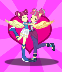 Size: 1024x1193 | Tagged: safe, artist:dennaphantom13, artist:shafty817, edit, majorette, sour sweet, sweeten sour, equestria girls, g4, my little pony equestria girls: friendship games, background human, boots, flipped, love, ponied up, pony ears, reunited, shoes, similarities, sisters, sunburst background, sweetly and sourly, wings