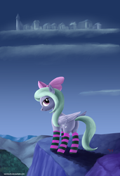 Size: 800x1169 | Tagged: safe, artist:warskunk, flitter, pegasus, pony, g4, butt, cliff, clothes, cloudsdale, female, looking at you, looking back, mare, plot, smiling, socks, solo, striped socks