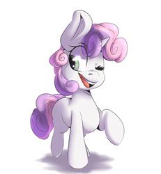 Size: 1600x1729 | Tagged: safe, artist:sourspot, sweetie belle, g4, female, one eye closed, simple background, solo, white background