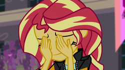 Size: 1280x720 | Tagged: safe, screencap, sunset shimmer, equestria girls, g4, my little pony equestria girls: friendship games, double facepalm, facepalm, female, reaction image, solo, sunsad shimmer