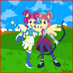 Size: 1500x1500 | Tagged: safe, artist:brodogz, majorette, sour sweet, sweeten sour, equestria girls, g4, my little pony equestria girls: friendship games, background human, boots, commission, cute, headcanon, long lost twins, love, ponied up, pony ears, shoes, similarities, sisters, sweetly and sourly, wings
