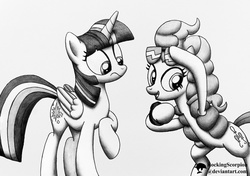 Size: 1000x703 | Tagged: safe, artist:rockingscorpion, pinkie pie, twilight sparkle, alicorn, pony, g4, what about discord?, back to the future, clothes, female, grayscale, mare, marty mcfly, monochrome, pinkie mcpie, raised hoof, reference, signature, sunglasses, twilight sparkle (alicorn), watch
