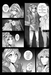 Size: 768x1124 | Tagged: safe, artist:silvertrash, adagio dazzle, sunset shimmer, equestria girls, g4, comic, fanfic art, female, i wanna be your pony, lesbian, monochrome, ship:sunsagio, shipping