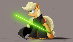 Size: 2000x1143 | Tagged: safe, artist:ncmares, applejack, g4, cloak, clothes, commission, crossover, female, hatless, jedi, lightsaber, missing accessory, solo, star wars