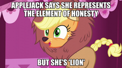 Size: 889x500 | Tagged: safe, edit, edited screencap, screencap, applejack, g4, scare master, applelion, clothes, costume, image macro, meme, nightmare night costume, pun