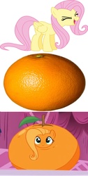 Size: 3792x7512 | Tagged: safe, screencap, fluttershy, g4, what about discord?, dragon ball, dragon ball z, flutterrange, food, food transformation, fusion, image macro, inanimate tf, meme, orange, orangified, transformation