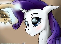 Size: 1000x725 | Tagged: safe, artist:tincantim, rarity, human, g4, blushing, glowing horn, hand, horn, poking