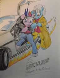 Size: 3214x4184 | Tagged: safe, artist:scribblepwn3, twilight sparkle, earth pony, pony, unicorn, g4, back to the future, colored pencil drawing, crossover, delorean, doc brown, future twilight, pen, ponified, time travel, traditional art
