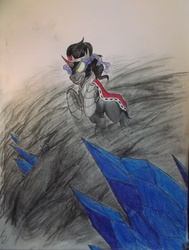 Size: 3216x4244 | Tagged: safe, artist:scribblepwn3, king sombra, pony, unicorn, g4, colored pencil drawing, crystal, dark magic, fog, leaping, magic, male, pen, solo, sombra eyes, traditional art