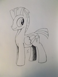 Size: 3216x4288 | Tagged: safe, artist:scribblepwn3, thunderlane, pegasus, pony, g4, cute, lineart, looking back, male, monochrome, pen drawing, smiling, solo, stallion, traditional art