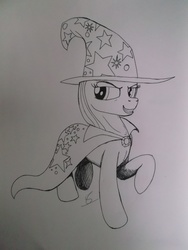Size: 3216x4288 | Tagged: safe, artist:scribblepwn3, trixie, pony, unicorn, g4, cloak, clothes, devious smile, female, hat, monochrome, pen drawing, solo, traditional art, wizard hat