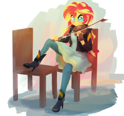 Size: 5192x4860 | Tagged: safe, artist:darkflame75, sunset shimmer, equestria girls, g4, airbrush, chair, cute, female, high heels, musical instrument, signature, solo, violin