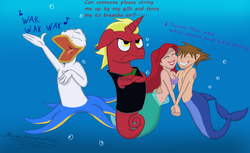 Size: 4157x2550 | Tagged: safe, artist:megaanimationfan, oc, oc:firebrand, mermaid, merman, sea pony, seahorse, annoyed, ariel, atlantica, bad singing, belly button, bra, crossover, disney, disney style, do not want, donald duck, firebrand is not amused, floppy ears, frown, kingdom hearts, lyrics, male, midriff, seaponified, seashell, seashell bra, signature, song reference, sora, species swap, style emulation, text, the little mermaid, unamused, underwater