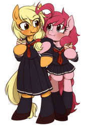 Size: 659x965 | Tagged: safe, artist:うめぐる, applejack, pinkie pie, pony, semi-anthro, g4, :t, alternate hairstyle, arm hooves, bipedal, blushing, clothes, crepe, eating, eye contact, food, looking at each other, open mouth, puffy cheeks, sailor uniform, school uniform, schoolgirl, simple background, smiling, socks, white background