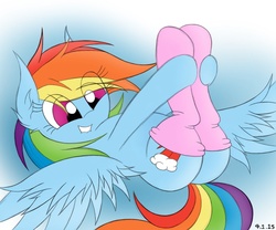 Size: 979x816 | Tagged: dead source, safe, artist:php66, rainbow dash, pegasus, pony, g4, butt, clothes, cute, female, legs in air, lip bite, mare, plot, simple background, socks, solo