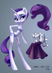 Size: 1806x2550 | Tagged: safe, artist:holivi, rarity, semi-anthro, g4, armpits, bandeau, belly button, blue underwear, bra, bra on pony, clothes, female, long legs, panties, paper doll, skinny, skirt, solo, stylized, thin, underwear