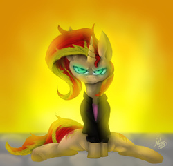 Size: 1024x989 | Tagged: safe, artist:the-hunter-of-souls, sunset shimmer, pony, unicorn, equestria girls, g4, angry, clothes, female, looking at you, sitting, solo