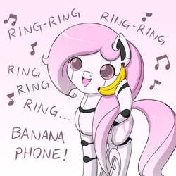 Size: 700x700 | Tagged: safe, artist:jdan-s, oc, oc only, oc:cyberia heart, pony, robot, robot pony, banana, bananaphone, cute, food, hoof hold, music notes, open mouth, singing, smiling, solo, song reference
