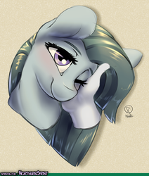Size: 1280x1506 | Tagged: safe, artist:northernsprint, marble pie, earth pony, human, pony, g4, blushing, cute, female, hand, lidded eyes, looking at you, marblebetes, mare, one eye closed, patreon, petting, smiling, solo, wink