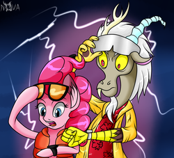Size: 2200x2000 | Tagged: safe, artist:novaspark, discord, pinkie pie, g4, what about discord?, back to the future, clothes, doc brown, doc cord, high res, marty mcfly, pinkie klein, pinkie mcpie, sunglasses