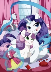 Size: 493x695 | Tagged: safe, artist:yukandasama, rarity, sweetie belle, g4, carousel boutique, clothes, dress, equestria girls outfit, fabric, magic, mannequin, mouth hold, needle, pin, pincushion, pixiv, prone, string, telekinesis