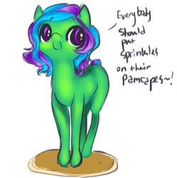 Size: 958x960 | Tagged: safe, artist:aleesa, oc, oc only, oc:sprinkle, cute, female, filly, food, pancakes, solo
